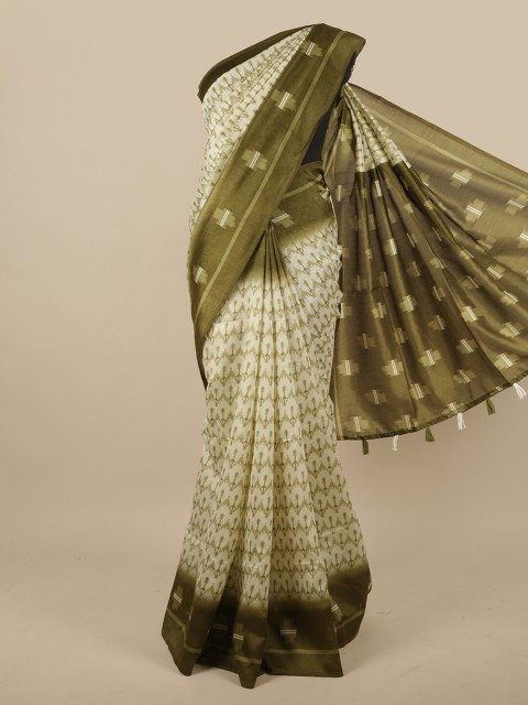 

Pothys Cream-Coloured & Green Floral Printed Saree