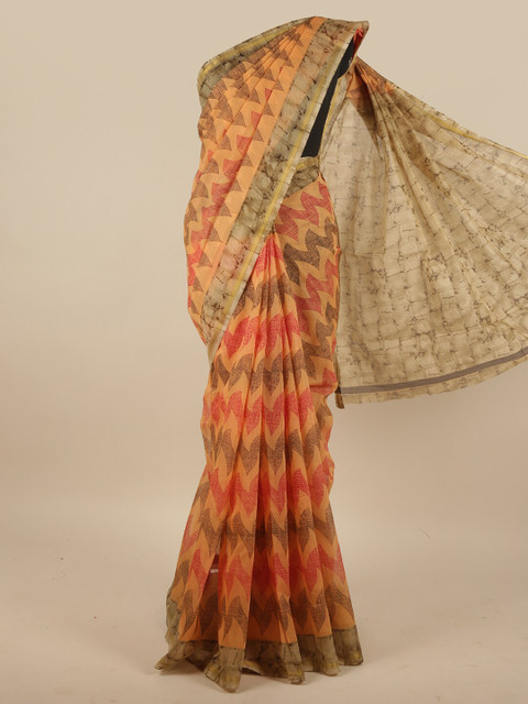 

Pothys Peach-Coloured & Cream-Coloured Printed Saree