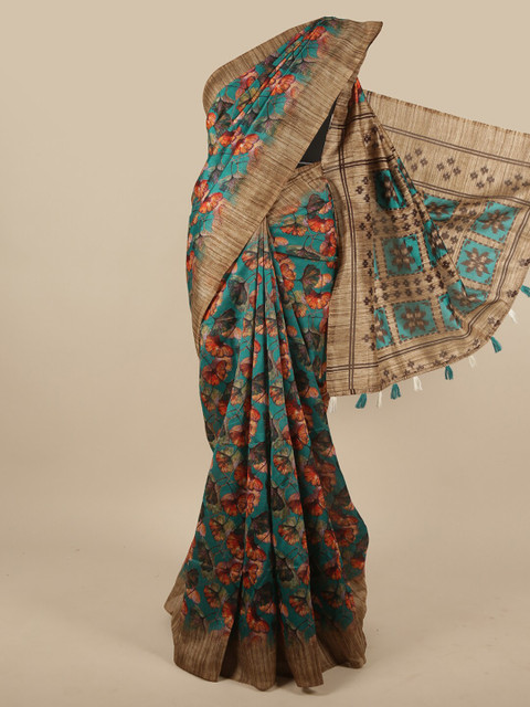 

Pothys Beige & Turquoise Blue Floral Printed Saree
