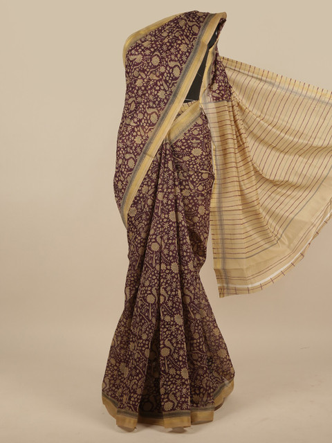 

Pothys Purple & Cream-Coloured Floral Saree