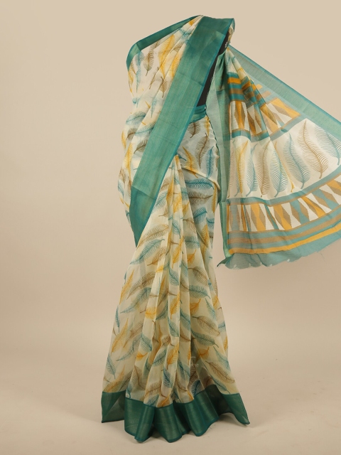 

Pothys Cream-Coloured & Teal Zari Cotton Blend Saree