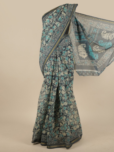 

Pothys Grey & Blue Paisley Printed Zari Saree