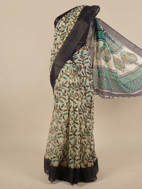 

Pothys Cream-Coloured & Blue Floral Saree