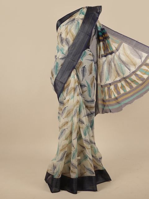 

Pothys Cream-Coloured & Blue Floral Zari Saree