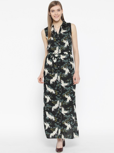 

Vero Moda Women Black & Green Printed Maxi Shirt Dress