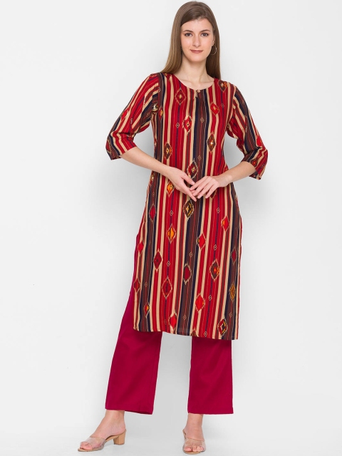 

ZOLA Women Maroon Striped Round Neck Ikkat Print Regular Fit Straight Kurta