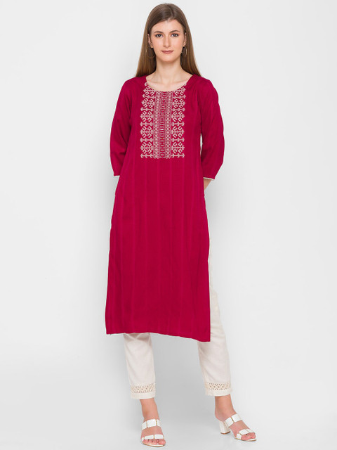 

ZOLA Women Magenta Geometric Yoke Design Mirror Work Kurta