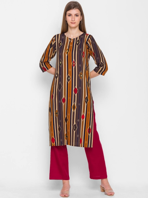 

ZOLA Women Brown & Mustard Yellow Striped Keyhole Neck Kurta