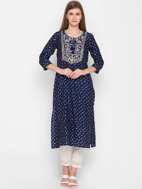 

ZOLA Women Navy Blue Embroidered A-Line Kurta