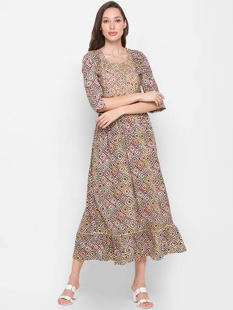 

ZOLA Cream-Coloured & Red Ethnic Motifs Pure Cotton Ethnic A-Line Midi Dress