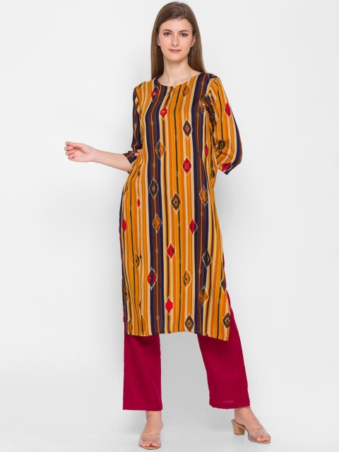 

ZOLA Women Mustard Yellow Striped Keyhole Neck Kurta
