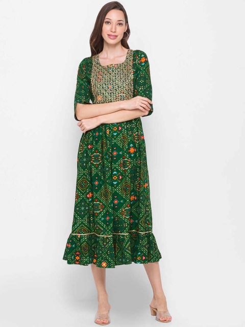 

ZOLA Green & Beige Ethnic Motifs Ethnic A-Line Dress