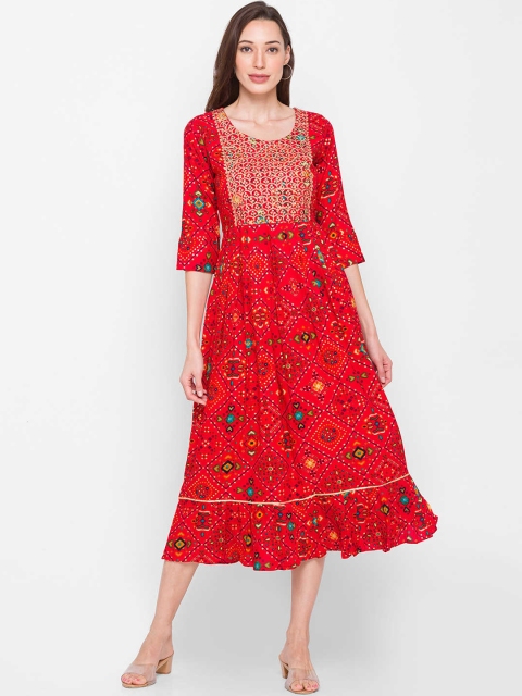 

ZOLA Red & Beige Ethnic Motifs Ethnic A-Line Midi Dress