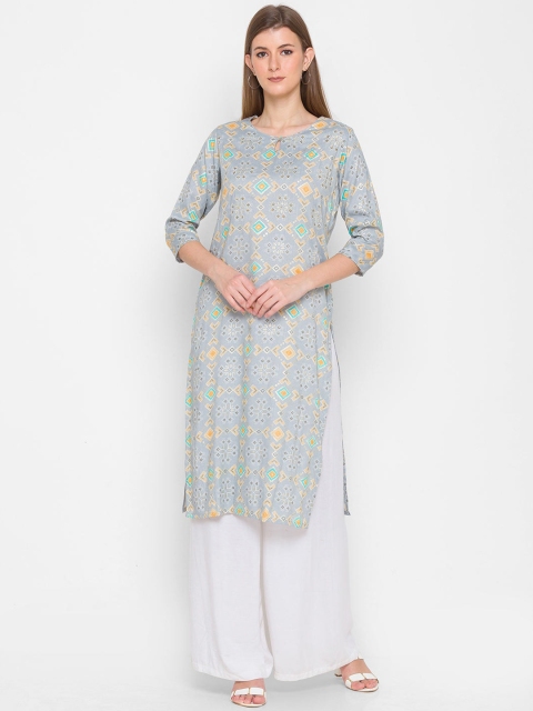 

ZOLA Women Grey Geometric Print Regular Fit Keyhole Neck Kurta