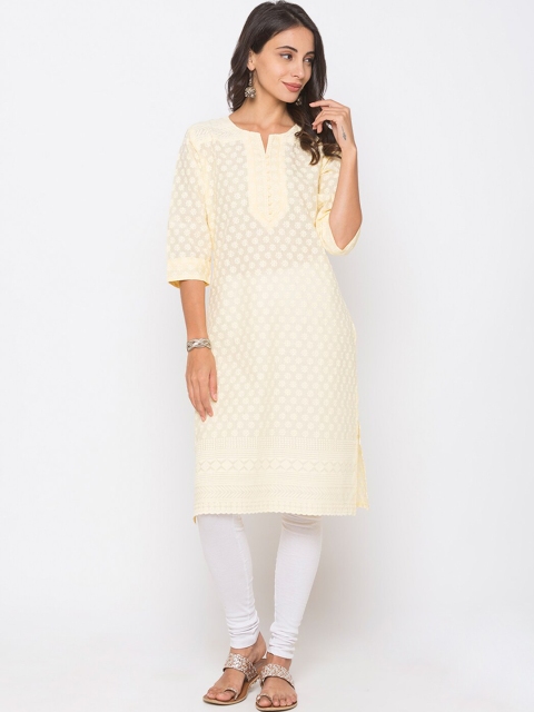 

ZOLA Women Yellow Ethnic Motifs Chikankari Round Neck Regular Fit Cotton Kurta