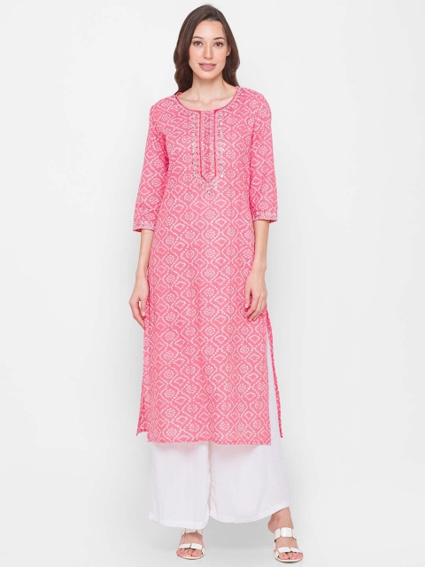 

ZOLA Women Pink Yoke Design Badhani Print Regular Fit Pure Cotton Kurta