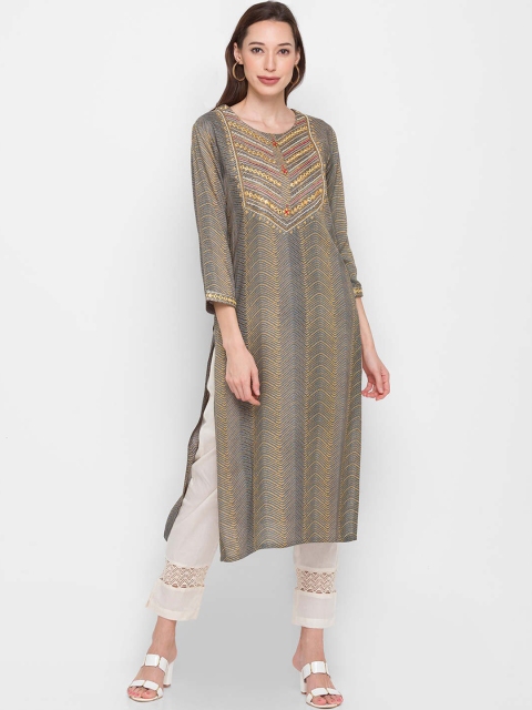 

ZOLA Women Grey Geometric Yoke Design Kurta