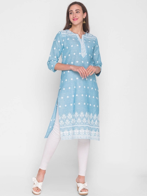 

ZOLA Women Blue Geometric Embroidered Keyhole Neck Thread Work Kurta