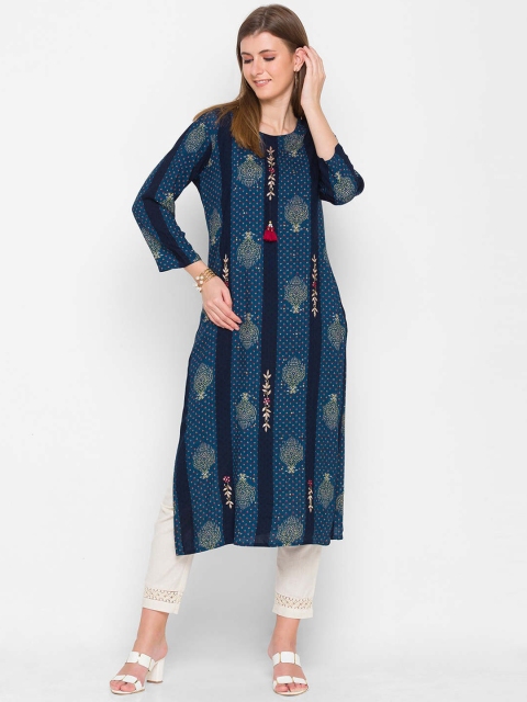 

ZOLA Women Navy Blue Ethnic Motifs Printed Gotta Patti Kurta