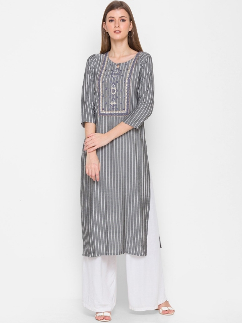 

ZOLA Women Grey Striped Mirror Work Kurta