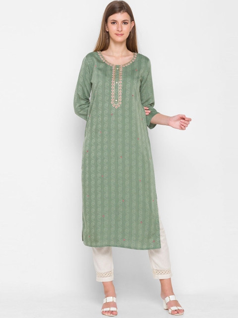 

ZOLA Women Green Striped Straight Kurta