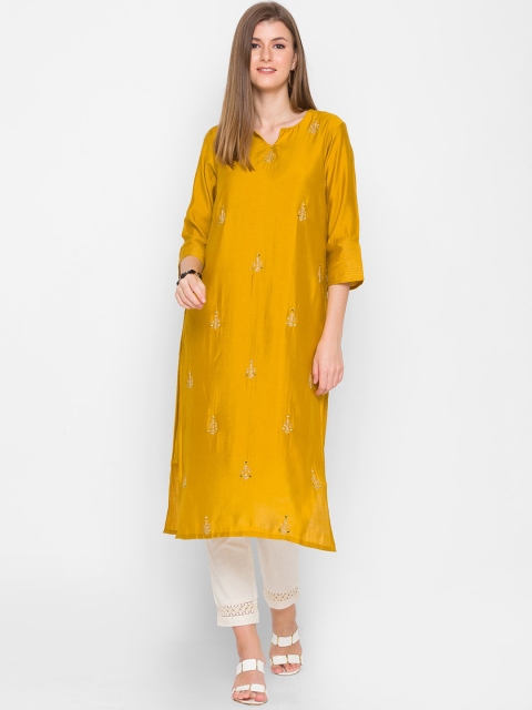 

ZOLA Women Mustard Yellow Ethnic Motifs Regular Fit Thread Work Kurta