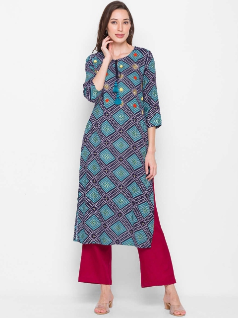 

ZOLA Women Blue Geometric Checked Keyhole Neck Kurta