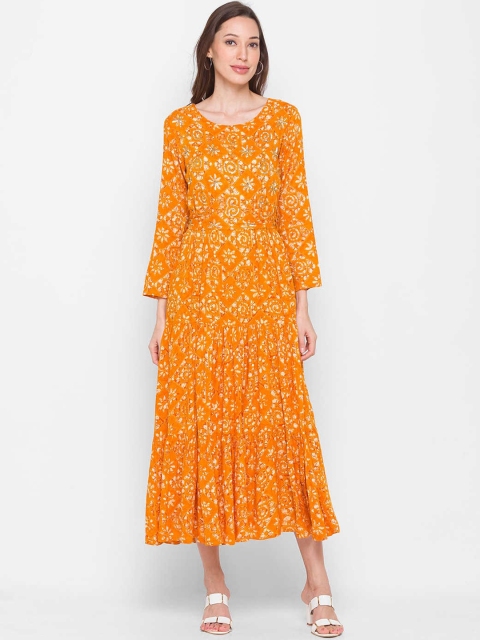 

ZOLA Mustard Yellow & Beige Ethnic Motifs Ethnic A-Line Midi Dress