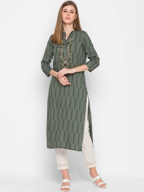 

ZOLA Woman Green Geometric Striped Kurta