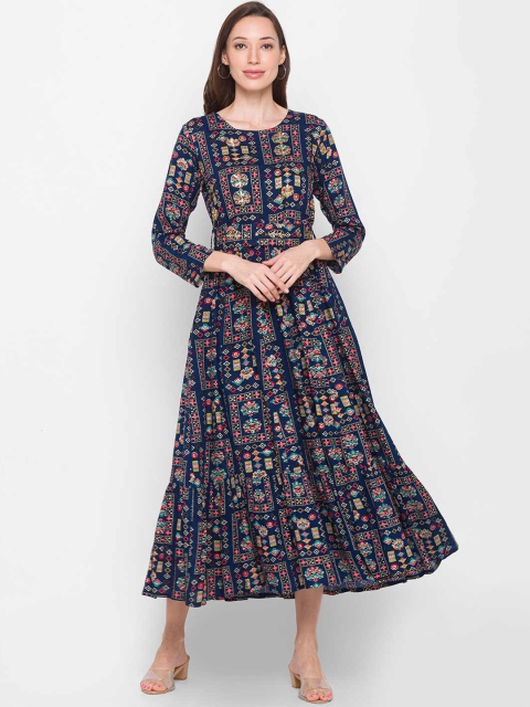 

ZOLA Navy Blue & Red Ethnic Motifs Ethnic A-Line Midi Dress