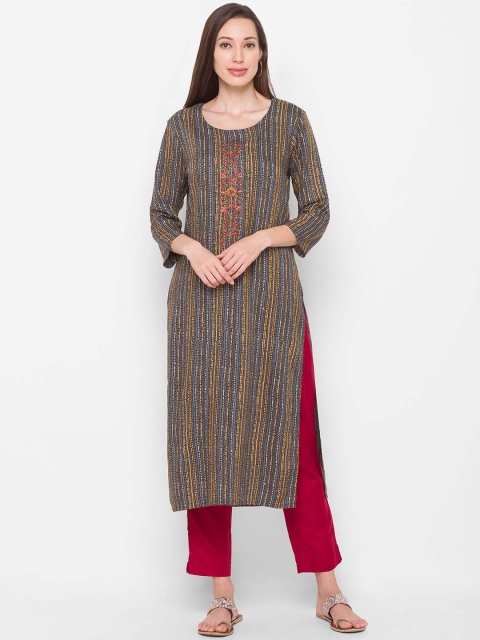 

ZOLA Women Mustard Yellow & Grey Striped Round Neck Straight Kurta