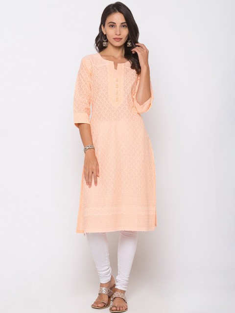 

ZOLA Women Peach-Coloured Chikankari Embroidered Cotton Kurta