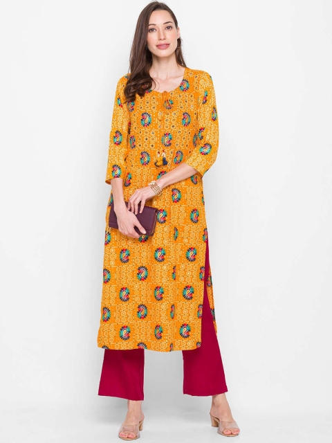 

ZOLA Women Mustard Yellow Bandhani Print Mirror Work Regular Fit Kurta