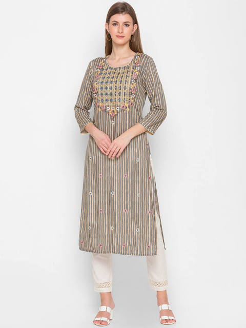 

ZOLA Women Grey & Beige Floral Embroidered Thread Work Kurta