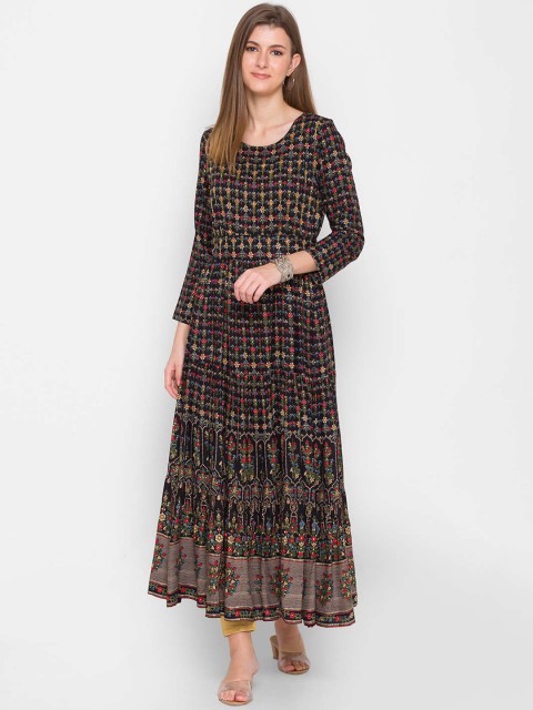 

ZOLA Women Black Floral Printed Beads Embellished Regular Fit Flared Anarkali Kurta