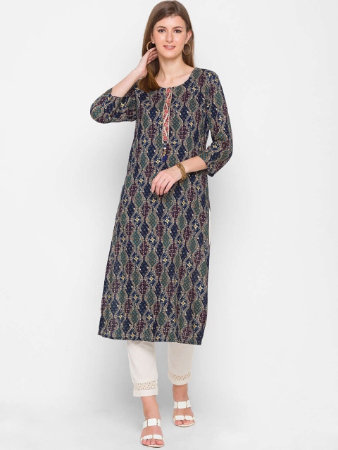 

ZOLA Women Navy Blue Printed Straight Kurta