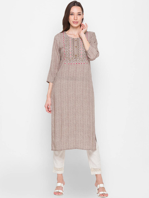 

ZOLA Women Beige & silver cloud Embroidered Keyhole Neck Flared Sleeves Thread Work Anarkali Kurta