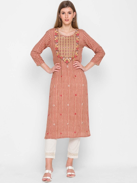 

ZOLA Women Red Geometric Striped Thread Work Anarkali Kurta