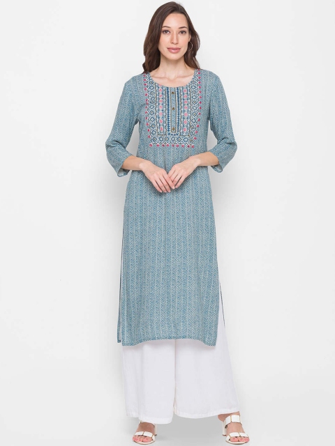 

ZOLA Women Turquoise Blue Geometric Printed Round Neck Straight Kurta