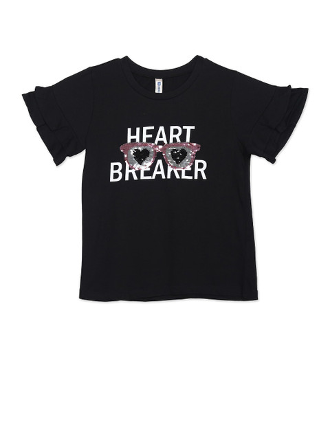 

Cherokee Girls Black Typography Printed Applique T-shirt