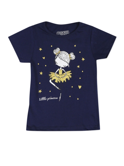

Cherokee Girls Navy Blue Printed Cotton T-shirt