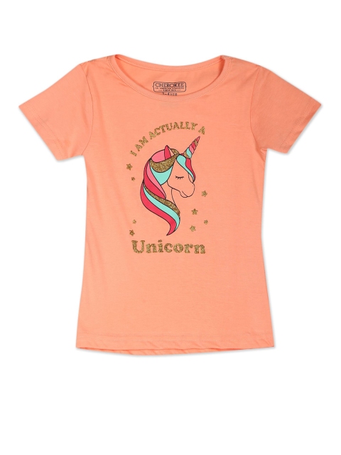 

Cherokee Girls Peach Cotton Unicorn Printed T-shirt