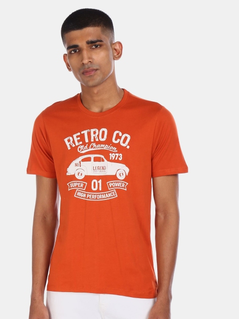 

Cherokee Men Orange & White Printed Round Neck Cotton T-shirt