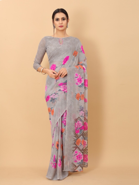 

PERFECTBLUE Grey & Pink Floral Printed Saree
