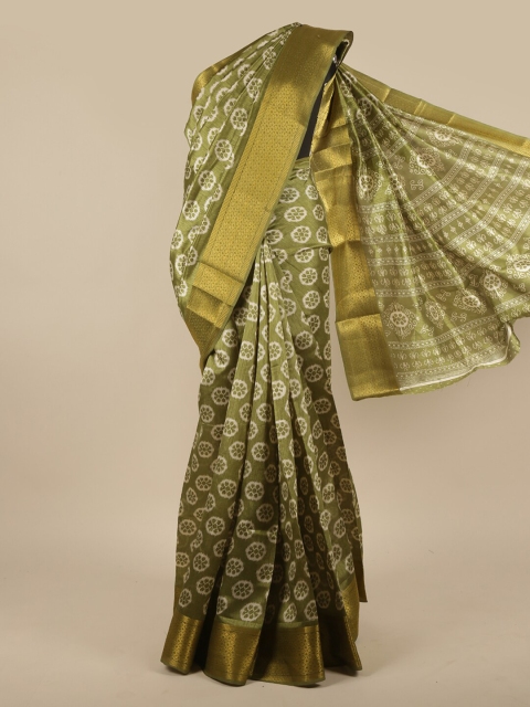 

Pothys Olive Green & Gold-Toned Floral Zari Cotton Blend Saree