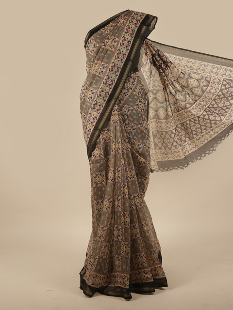 

Pothys Grey & Beige Ethnic Motifs Printed Zari Saree