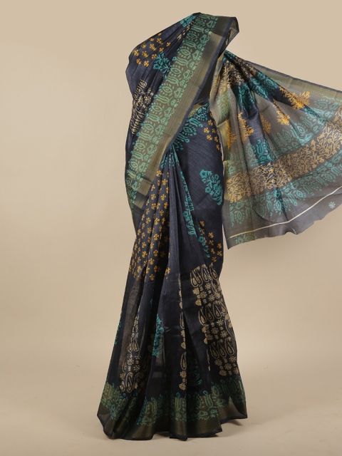 

Pothys Blue & Mustard Floral Zari Saree