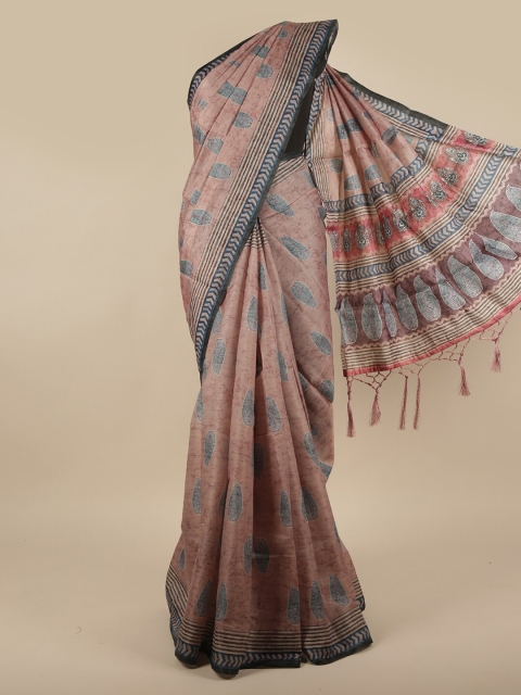 

Pothys Mauve & Blue Ethnic Motifs Printed Jute Silk Saree