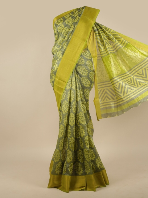 

Pothys Lime Green & Grey Ethnic Motifs Zari Saree