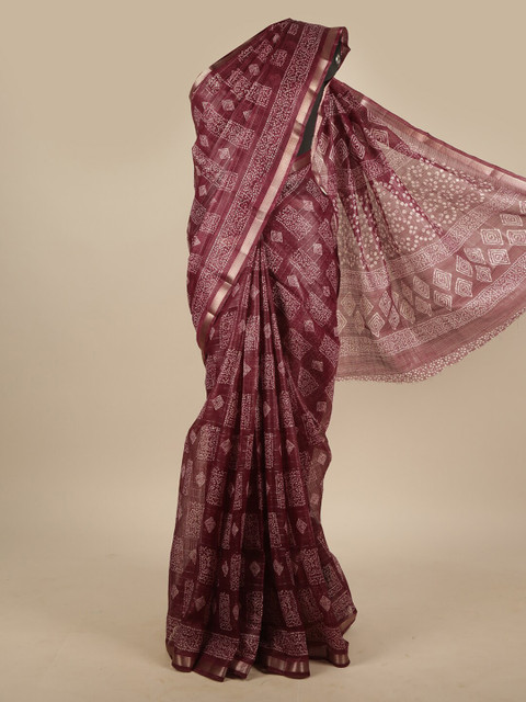 

Pothys Purple & White Ethnic Motifs Printed Zari Jute Silk Saree